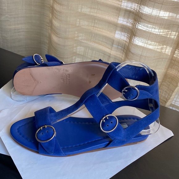 Prada blue suede leather sandals size 37 flats ankle strap mules slides slip ons - Picture 8 of 9